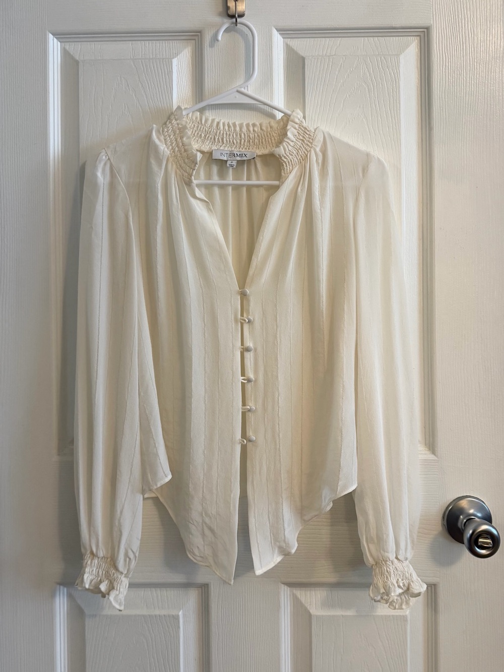 INTERMIX Cream Smocked-Neck Silk-Like Button Front Blouse